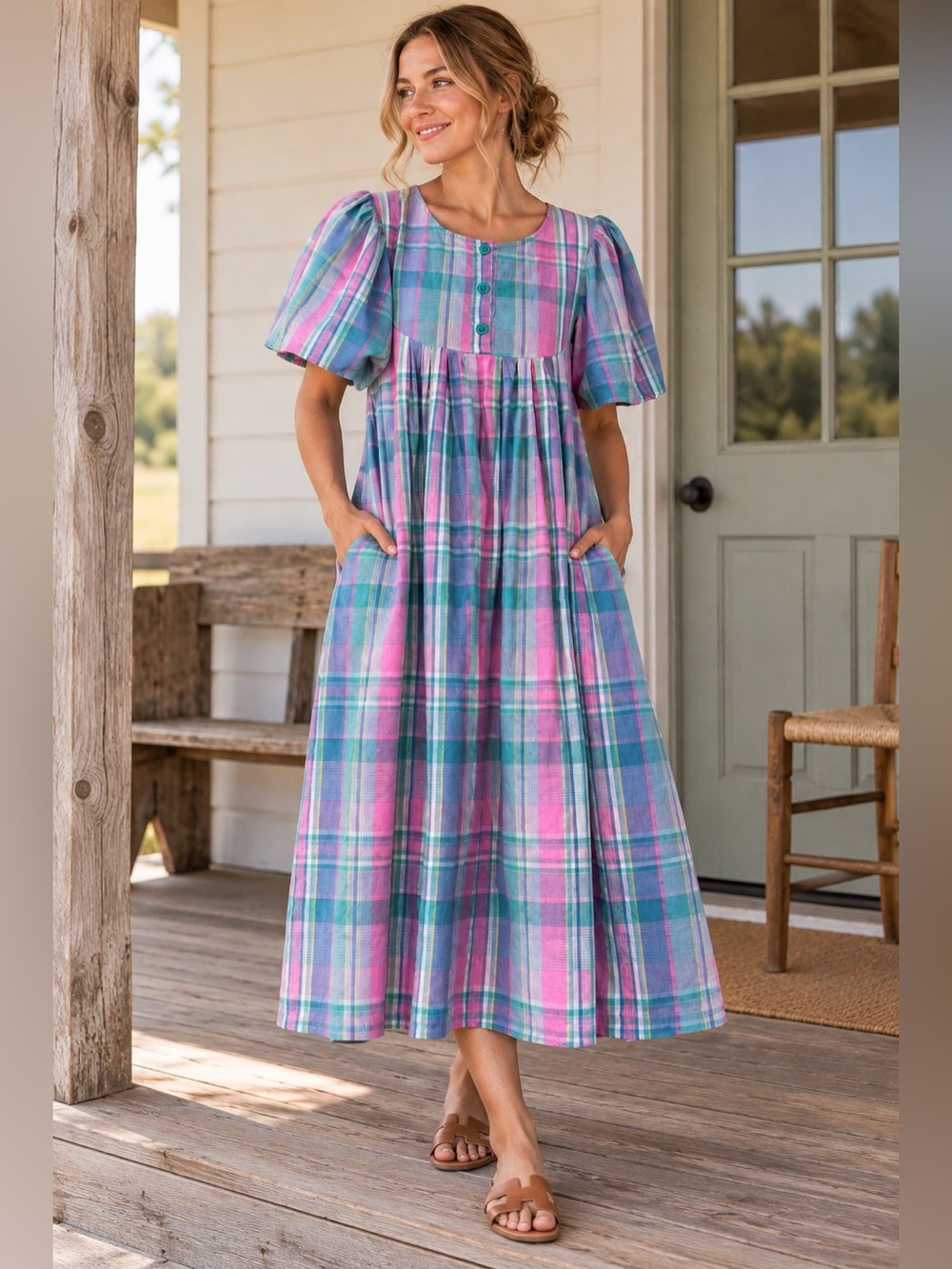 Vintage 80s S Plaid House Dress Prairie Puff Sleeve Cottagecore Farm Casual Boho